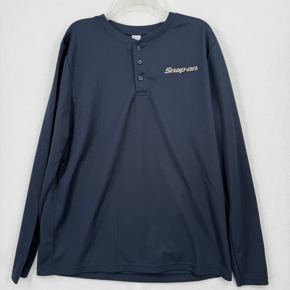 Snap-on Henley Shirt Mens XL Navy‎ Blue Long Sleeve Performance Mesh Logo